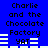 Blue background displays repeated text "Charlie and the Chocolate Factory" with white horizontal bars and black "yAT" below each phrase, alternating between two states.