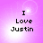 Pixelated text "I Love Justin" on a pink gradient background with white light effects, displayed in four sections