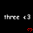 Pixelated text 'three <3' repeated across black background with red heart symbols below each instance, gray rectangle partially obscuring bottom-right corner.