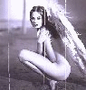 A grayscale image of a winged figure crouching, with subtle animation changes across four
