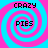 Four identical pixelated spiral patterns in cyan and magenta with 'CRAZY' above and 'PIES' below, arranged in a on a solid background