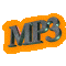 Animated sequence of MP3 text icons in various orientations with orange outlines on gray background.