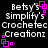 Pixelated text reads "Betsys Simplify's Crochec Creaionz" with pink square animations on a black background.