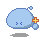 Two pixelated blue cloud-shaped figures with small blue eyes, each featuring a yellow plus sign with a brown border; one figure has an additional bubble-like shape.