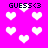 Pixelated pink background with white heart shapes and black text reading "GUESS<3" in four corners.