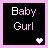 A contact sheet of five animated frames showing a pixel art buddy icon with "Baby Gurl" text and a pink heart on black background, each frame displaying slight variations in text color and heart brightness.