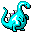Pixelated turquoise dinosaur icon with black outlines, white highlights, and red mouth detail on gray background.