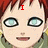 Pixelated anime-style face with red hair and light blue eyes, showing three variations of red text above the head.