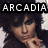 Pixelated image with 'ARCADIA' text above a person's face, dark background, and light side elements.