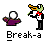 Pixel art animation of a green cartoon character in a black suit with red tie holding a golden horn, interacting with purple cubes and white circular objects against gray background.