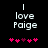Pixelated text 'I love Paige' above five pink heart icons on a black background, with one heart changing color between frames.
