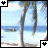 Animated contact sheet of a beach scene with palm trees and ocean, featuring repeated text "get away" in pixelated font across multiple frames showing subtle animation changes.