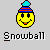 Yellow smiley face wearing blue and red striped hat with cyan pom-pom, holding snowballs in various positions across frames.