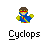 Pixel art character with brown hair, red eye mask, blue robe, yellow gloves, and red sash, standing against gray background with 'Cyclops' text below.