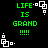 Green pixelated text 'LIFE IS GRAND !!!!' appears with white geometric shapes on a black background, alternating between two distinct arrangements of the same elements.