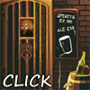 Pixel art scene of a pub interior with wooden door, brick wall, chalkboard sign, and candlelit table.