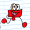 Red cartoon character with large eyes and a wide smile, standing on lined paper background.