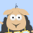 Pixelated cartoon character with light brown skin, large white eyes with black pupils, a small V-shaped mouth, and dark hair under a beige hat-like shape, set against a solid light blue background.