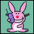 Pink cartoon rabbit with red nose and white belly holds purple phone, standing on mint green background; text reads "Gimmie your number Like I'd ever call you" in black pixelated font.