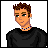 Pixel art buddy icon featuring a character with brown hair and green eyes, wearing a black shirt and blue beaded necklace, displayed in a 2x2 contact sheet layout with text fragments on dark backgrounds.
