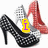 Animated sequence of high-heeled shoes with changing text overlays on a white background.
