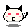 Four pixel-art frames of a white cat-like character with black ears and tail, red heart eyes, pink cheeks, and a square mouth on gray background.