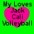 Green background with four identical pink heart-shaped icons containing text: My Loves, Jack, Cali, Volleyball.