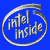 Pixelated blue background with silver circular ring and "intel inside" text in metallic style, static single-frame icon.