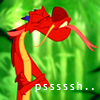 Red dragon with yellow underbelly and blue horn, mouth open showing teeth, tongue extended, against green background with white text 'psssssh..'