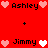 Red background with pixelated text and heart symbols arranged in a pattern, featuring names Ashley and Jimmy with alternating heart colors