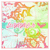 Pixelated abstract composition with soft pastel colors including pink, orange, yellow, green, and light blue forming indistinct shapes against a pale background.