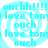 Pixelated cyan text repeats 'ouchh!!!!', 'love toni', and 'ouch' over a white spiral background in a