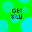 Green background with cyan circles and four identical text blocks reading 'GET sīlū' in dark blue pixelated font.