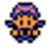 Pixelated character with orange skin, blue hair styled in two buns, and a black outfit with blue accents on white background.