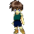 Pixel art character in green sleeveless top and dark blue shorts with brown boots, shown in multiple poses including standing, hand on head, and walking.