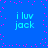 Blue background with pink pixel dots and four identical text blocks reading "i luv jack" in cyan, arranged in a