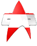 Red and white star-shaped icon with metallic silver accents rotates through multiple angles against gray background.