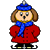 Pixelated cartoon character wearing red coat, blue scarf, and blue hat with white tip, standing on ice skates against gray background.