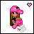 Pixel art contact sheet of a pink-hatted doll character in various animation frames with heart symbols and cloud-like shapes.