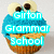 Pixelated cupcake with blue frosting and two large eyes, displaying 'Girton Grammar School' text in cyan on the left frame and text removed on the right frame.