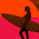 A 2x2 contact sheet of a pixelated animated icon featuring a surfer silhouette and text "WELCOME to ORANGE COUNTY" on an orange-pink gradient background, with two photographic portraits below.