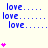 Blue 'love.' text with varying dot patterns repeats across a light background, accompanied by pink heart symbols in multiple positions and quantities.