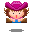 Pixel art animation of a cartoon character with brown hair and pink cowboy hat in four frames showing mouth and hand movements.