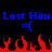 Blue pixelated text "Lost Him Lost Him" with two equals signs and parentheses above red pixelated flames on a black background.