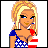 Pixelated cartoon woman with blonde hair in a patriotic dress, holding red heart against white background.
