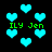 Pixelated cyan hearts float against a black background with green text reading "ILY Jen" in four locations.