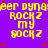 Yellow pixelated text on purple background with red plus signs, repeating 'peer dynaer rockz my sockz' in two with slight vertical misalignment