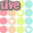 Pixelated image with 'live', 'Laugh', and 'Love' text at top, pastel polka dots in pink, teal, orange, green, white hearts on background
