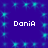 Blue background with repeating cyan starburst patterns and four instances of the text 'Dania' in white pixelated font.