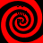 Four red and black spiral patterns arranged in a , each containing partially obscured text fragments